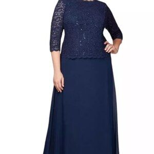 Alex Evening 3/4 Sleeve Lace and Chiffon Gown with Scalloped Lace Detail